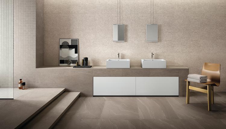 Stone Talk | Emilceramica Gres Porcelánico Ergon Stone Talk Piedra Baño Taupe Minimal,sand Rullata,taupe Martellata Imagen Galería | Emilceramica