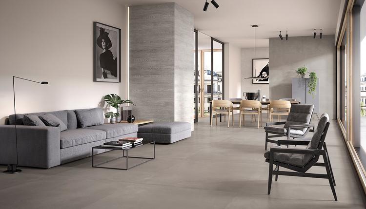 Tr3nd | Emilceramica Gres Porcelánico Ergon Tr3nd Madera,cemento Sala De Estar Smoke Concrete,smoke Wood,grey Concrete Imagen Galería | Emilceramica