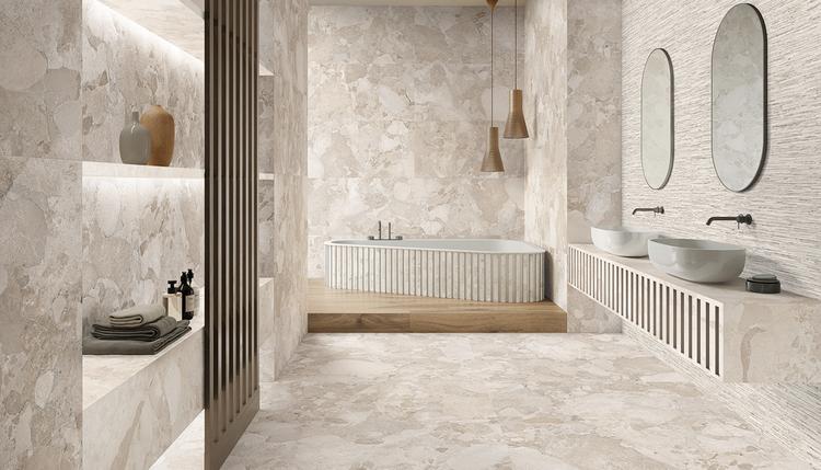 Matera Stone | Emilceramica Gres Porcelánico Ergon Matera Stone Madera,piedra Baño Rovere Imbrunito ,greige Sassi,white Sassi,greige Ritmo Imagen Galería | Emilceramica